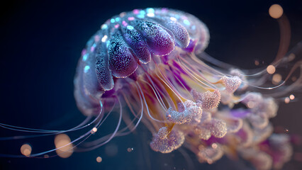 Iridescent Jellyfish Swimming in Dark Water with Glowing Tentacles and Bioluminescent Spots