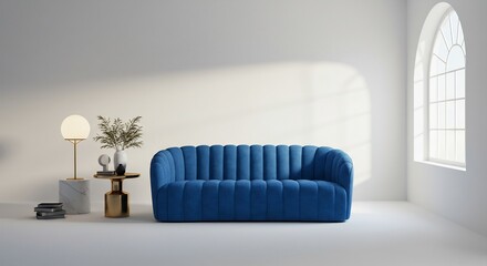 Bold blue channel tufted sofa bathed in bright sunlight on a white wall casting soft dramatic shadows. AI Generated