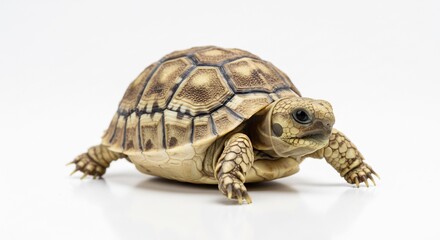 Fototapeta premium Tiny adorable tortoise hatchling slowly walking its patterned shell beautifully illuminated by soft studio light. AI Generated