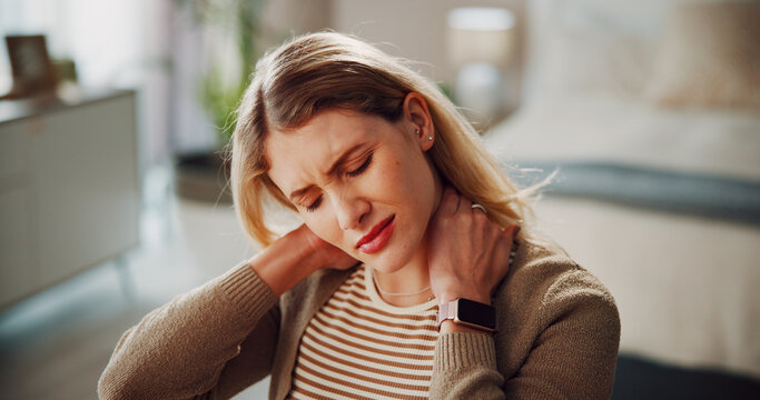 Neck pain, fatigue or woman in house with massage, burnout or joint inflammation in muscle injury. Tendinitis, bad posture or person in home with discomfort, stiffness or strain in cervical sprain