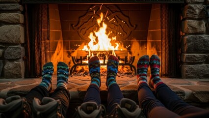 Cozy feet in patterned socks warming by a crackling fireplace on a cold evening.