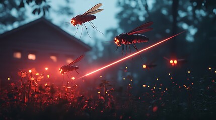 Robotic mosquitoes emit red laser beams while flying over plants near a house at night
