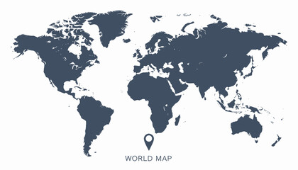 Naklejka premium Flat, dark blue world map with highlighted continents on a white background, with text at the bottom