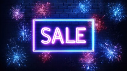 Sale announcement neon sign with fireworks on a transparent background