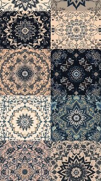 Patchwork Abstract Seamless Pattern with Geometric Mandala in Neutral Colors for Textile