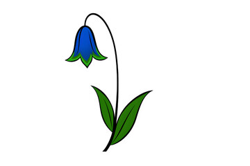 Abstract vector illustration of a blue flower bell blossom and green leaves on black background, perfect for design element or logo.