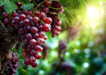 Clusters of ripe purple grapes hang vibrantly from a verdant vine, illuminated by the warm glow of sunlight filtering through lush green leaves, creating a tranquil vineyard scene.