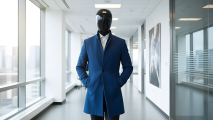 Mannequin wearing blue coat standing in modern office hallway with windows and glass walls, business attire concept.
