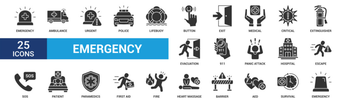 Emergency icon set. Containing ambulance, lifebuoy, first aid, police, medical, emergency exit, hospital and SOS icons. Glyph icon collection.