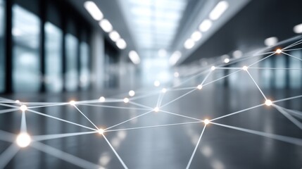 Futuristic Connected Network Visualization with Bright Nodes in a Modern Office Hallway Setting