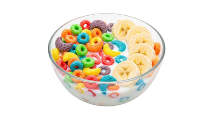 A glass bowl of vibrant cereal with milk, with colorful cereal pieces and sliced bananas floating on top, isolated on white for a playful PNG.