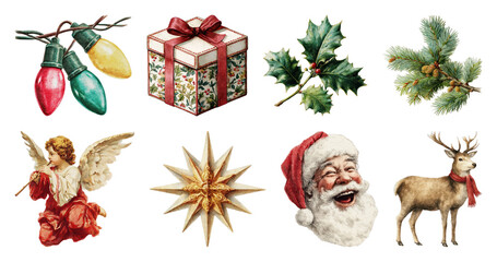 Obraz premium PNG Vintage festive Christmas decorations illustration, element set on transparent background