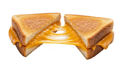 A grilled cheese sandwich cut diagonally, oozy cheese pulling apart in photogenic strands, isolated on a white background with a crispy, golden bread texture.