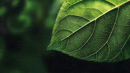 Close-up of a vibrant green leaf with intricate veins on a blurred natural background, showcasing nature's details.