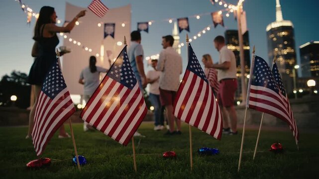 Celebratory gathering with us flags and sparklers against city skyline at dusk. Independence Day
