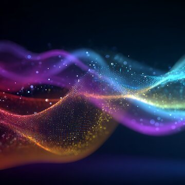 A dynamic flow of vibrant glowing particles forming a futuristic data wave on a dark background.