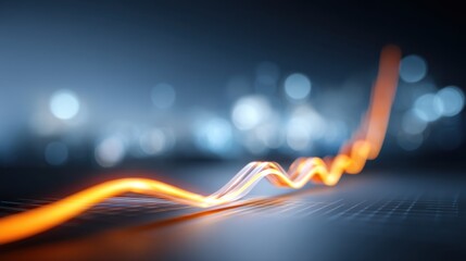 Abstract representation of glowing line graph in motion showcasing growth, progress, and innovation with blurred blue and white background lights