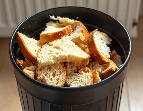 Close-up of stale bread pieces discarded in a black bin