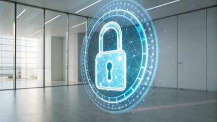 A futuristic digital padlock symbolizes security in a modern office space with large glass windows.
