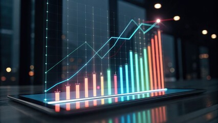 A digital graph displaying colorful data trends on a tablet, representing growth and analysis in a modern workspace.