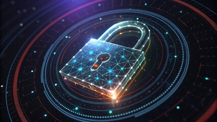 A digital lock symbolizing cybersecurity, surrounded by a futuristic network design, representing data protection and encryption technology.