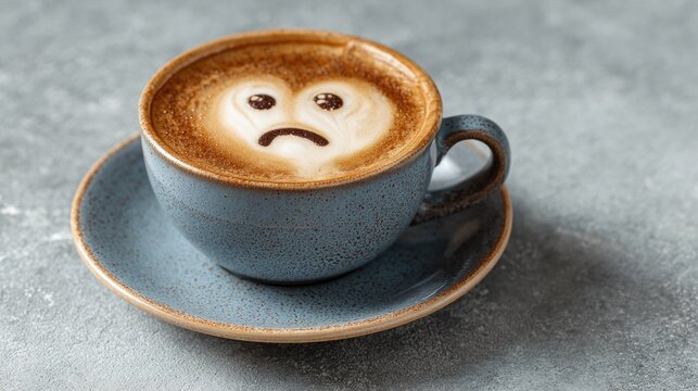 Coffee cup with latte art sad face on a saucer transparent background