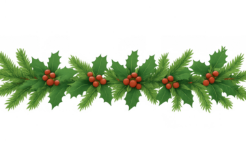 Christmas garland decoration featuring fir tree branches and red holly berries, creating a festive winter holiday border
