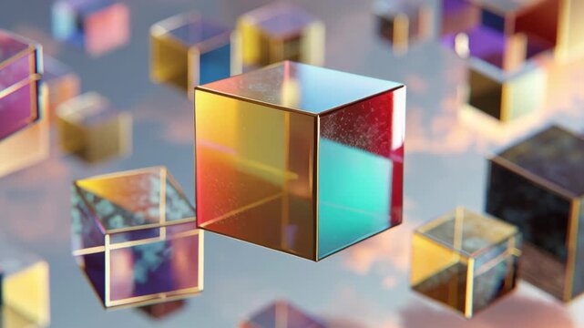 A collection of colorful cubes are floating in the air. The cubes are of various sizes and colors. Abstract floating cubes symbolizing ai therapeutic processing, ai driven mental health tools 