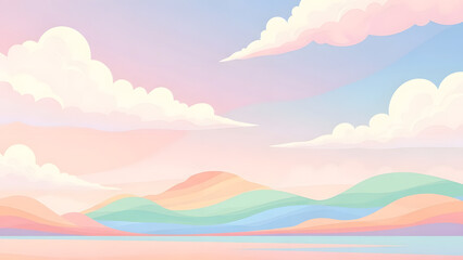 Pastel landscape with rolling hills, fluffy clouds, and serene water under a colorful sky at sunset or sunrise.