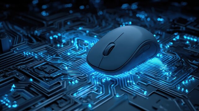 Wireless computer mouse hovering over illuminated circuit board network