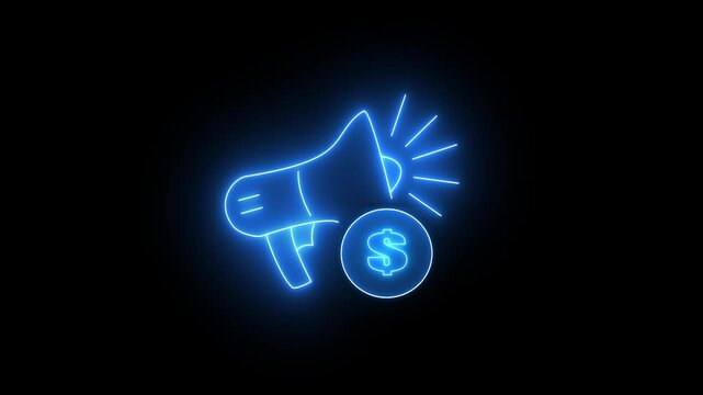 Glowing neon blue megaphone announcing important financial news, marketing campaigns and business related information.
