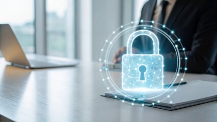 A professional setting featuring a businessman with a laptop, emphasizing digital security through a glowing padlock icon.