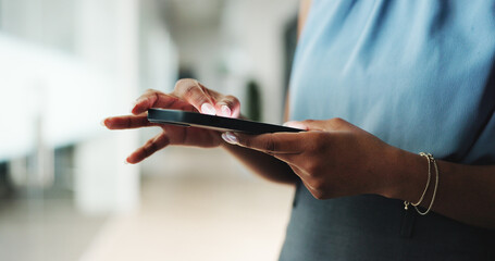 Tablet, hands and businesswoman in office with research for finance report for budget plan. Digital...
