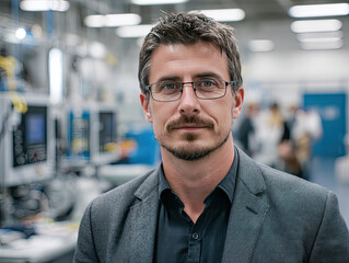 Obraz premium confident male engineering manager in modern industrial setting, wearing glasses and blazer, stands amidst advanced machinery and equipment, his expertise