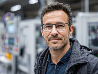 Obraz premium confident male engineering manager in industrial setting, wearing glasses and casual jacket, stands amidst machinery, exuding professionalism and expertise