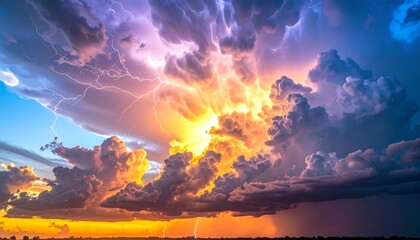 A dramatic sky filled with a vibrant, illuminated thunderstorm, showing intense lightning and majestic cloud formations