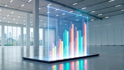 A futuristic digital display shows colorful bar graphs in a modern, spacious environment, highlighting data visualization and analytics.