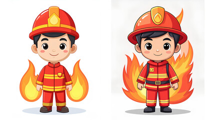 set cartoon illustration of child wearing a bright firefighter suit, smiling on white background. educational theme for kids.