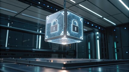 A futuristic, glowing cube with padlock icons hovers in a high-tech environment, suggesting themes of security and digital technology.