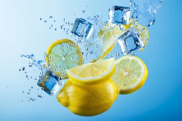 Fresh lemons and ice cubes splashing into water, creating a refreshing and invigorating beverage advertisement concept