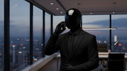 Mysterious businessman in black suit and helmet talking on phone in modern office with city skyline view at dusk.