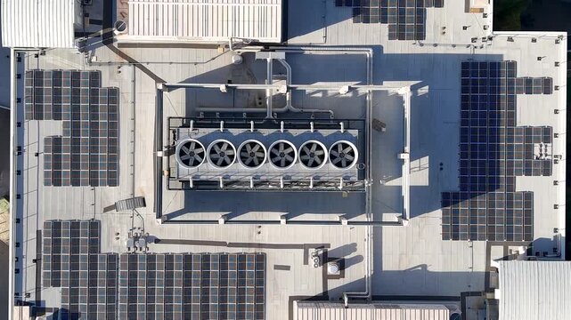 Top down view of Cooling towers and solar panels on a Data center near Dallas, Texas.