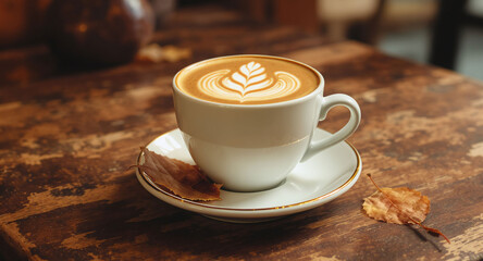 Latte with Leaf Art on Wooden Table Showing Autumn Caf&eacute; Vibes and Artistic Coffee Presentation in Cozy Setting