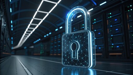 A digital padlock symbolizes security in a futuristic server environment, highlighting the importance of data protection and cybersecurity.