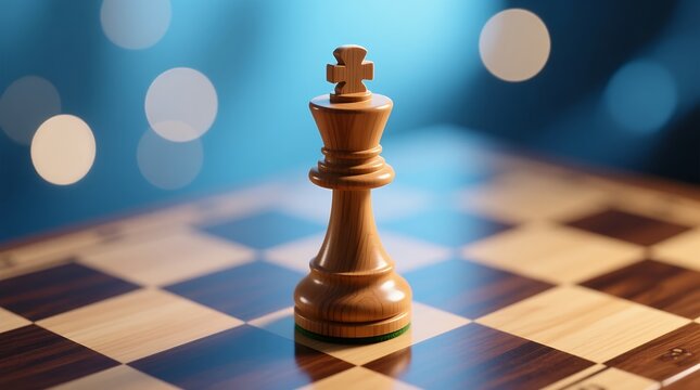 Wooden chess king standing alone on illuminated chessboard with soft bokeh