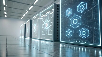 A futuristic data center featuring illuminated panels displaying intricate digital designs and patterns.