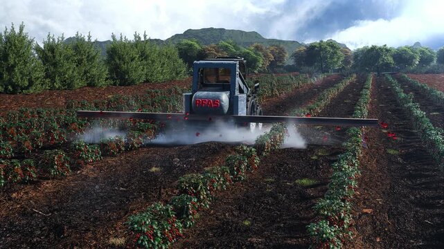 A tractor sprays PFAS chemicals over rows of crops on a large farmland, with visible mist and droplets highlighting contamination. This scene symbolizes the impact of industrial agriculture
