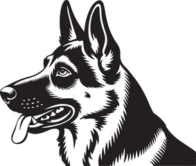 German shepherd dog head portrait black and white sketch profile view with open mouth