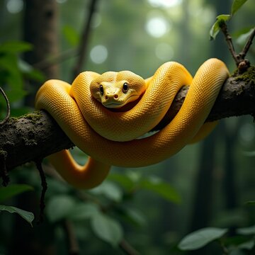 AI generated Colorful python wrapped around tree branch amid vibrant leaves and dappled