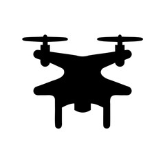 Black silhouette of a drone with four propellers on a white background